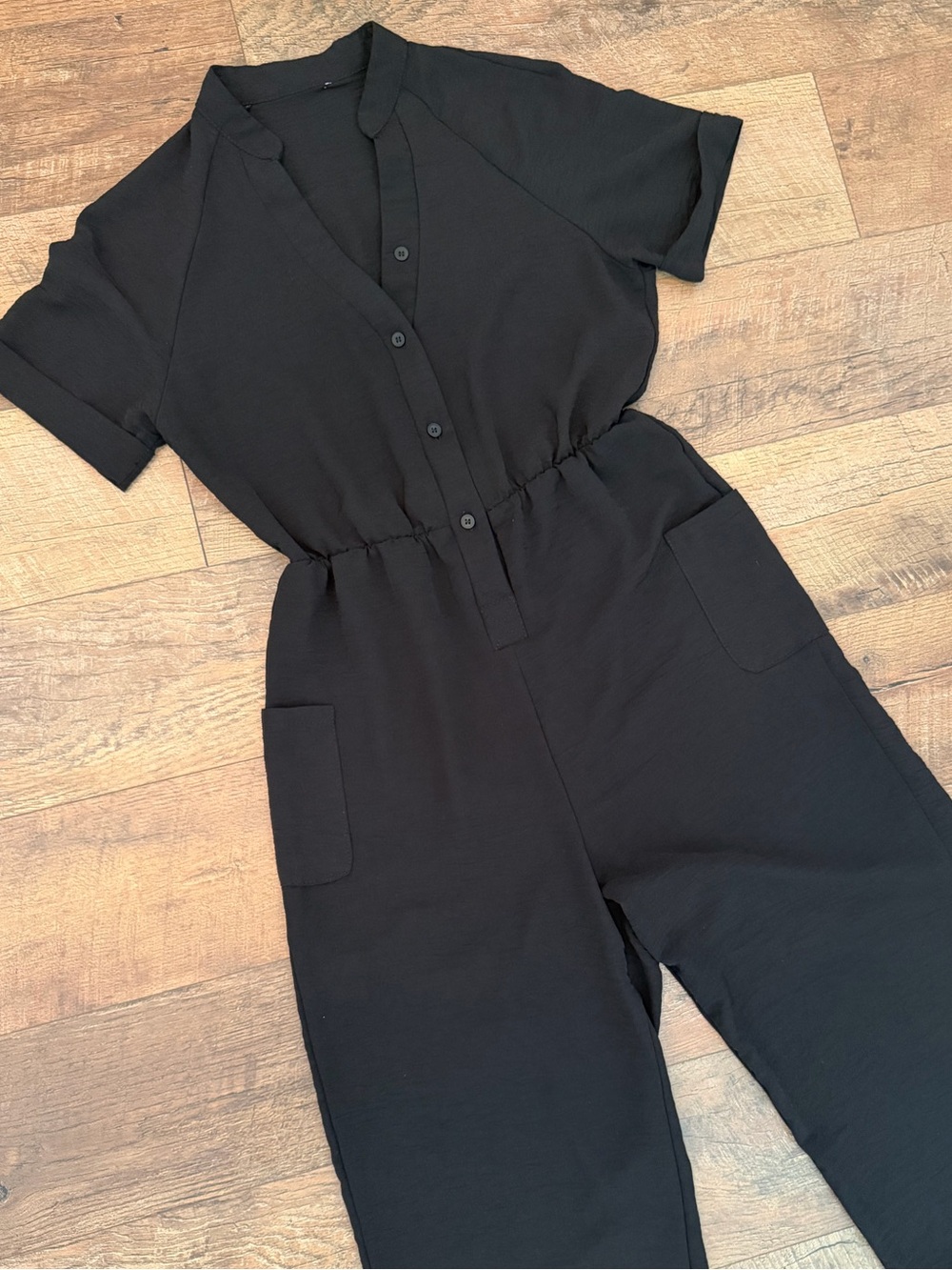 SHEIN Black Short Sleeve Button-Front Jumpsuit